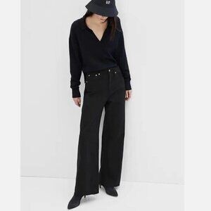 GAP High Rise Wide-Leg Black Wash Raw Hem Jeans Plus Size 35/20